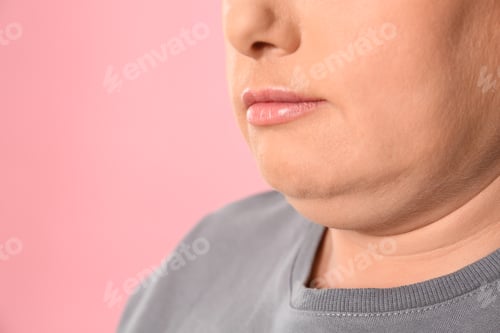 Preview: Woman with double chin on pink background, closeup. Space for text
