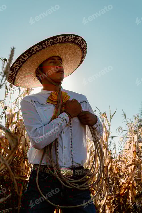 Vista previa: Un vaquero feliz con sombrero de paja se sienta en medio del paisaje cubierto de hierba