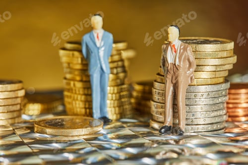 Preview: Coins stacked on top of each other with figures of business people, market crisis and fragile market