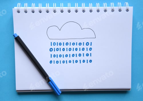 Preview: Overhead photo of a notebook with a drawing of a cloud from which rain in binary numbers fall