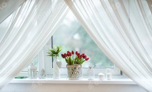 Preview: red tulips and snowdrops in basket on the windowsill