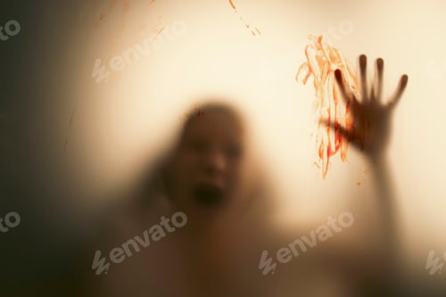 Preview: Shadowy figure, child behind glass with blood - horror background