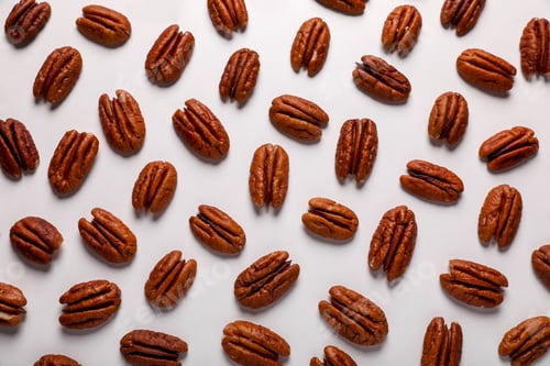 Preview: Delicious fresh pecan nuts on white background, flat lay
