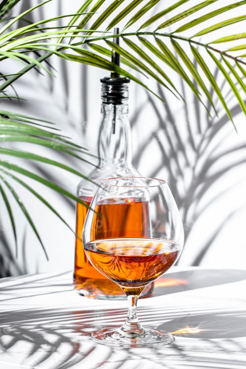Preview: Elegant glass of amber cognac beside a bottle against tropical foliage casting shadows
