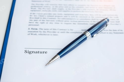 Preview: Blue Pen on Legal Contract Ready for Signing