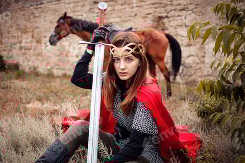 Preview: A girl with a sword in her hand Against the background of the horse. A woman dressed as a warrior