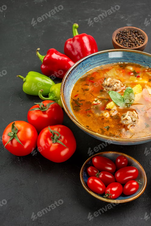 Preview: front view tasty meat soup with fresh vegetables on a dark background dish food photo color