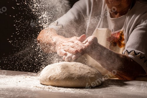 Preview: Photo of flour and women hands with flour splash. Cooking bread. Kneading the Dough
