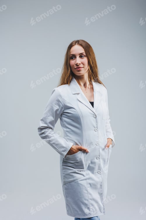 Preview: Woman Wearing Doctor Coat in Studio