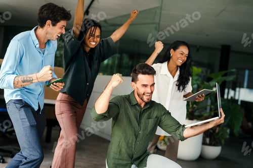 Preview: Group of busy happy diverse professional business team people working in office using digital tablet