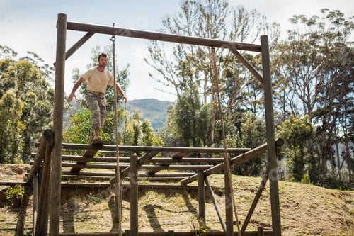 Preview: Fit male balancing on wooden platform on outdoor obstacle course with beams, chains, posts