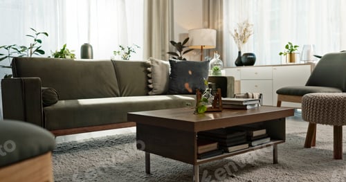 Preview: Home interior, furniture and background of living room with sofa, couch and coffee table. Lounge de