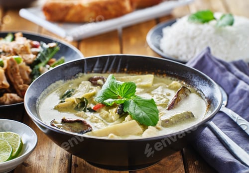 Preview: thai green curry with chicken and eggplant in bowl