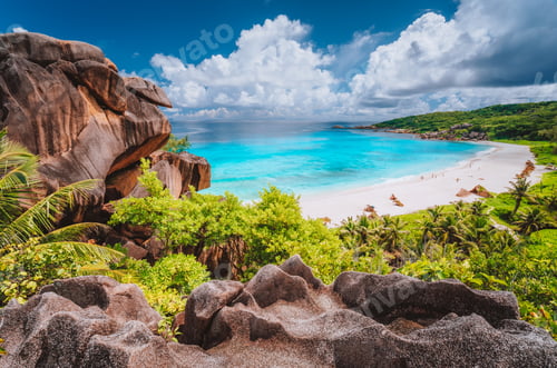 Preview: Panorama view of most spectacular tropical beach Grande Anse on La Digue Island, Seychelles