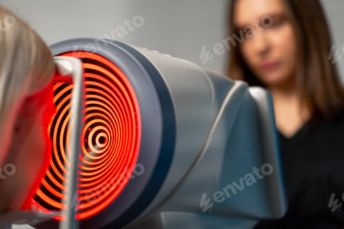 Preview: close up in an ophthalmology clinic a female doctor performs diagnostics using a device with red