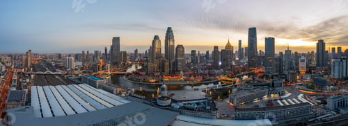 Preview: Cityspace of Tianjin with its beautiful skyscrapers during the sunrise in China
