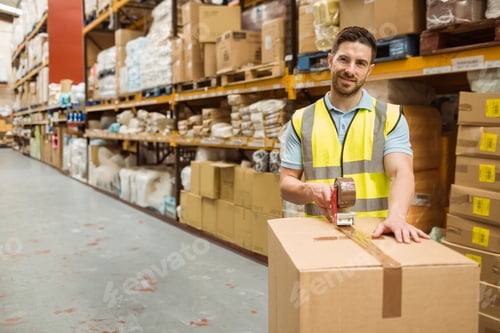 Preview: Male warehouse worker sealing box with tape dispenser in warehouse aisle with racks, copy space