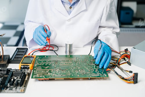 Preview: The technician repairing the motherboard in the lab with copy space. the concept