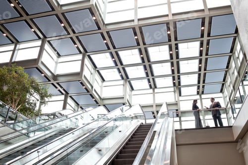 Preview: Two business people meeting at the top of an escalator in a large convention center lobby