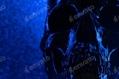 Preview: Human blue skull on dark background with bokeh