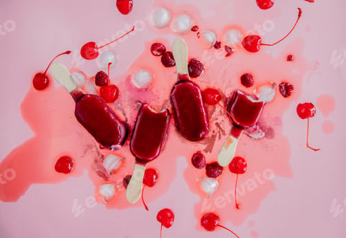 Preview: raspberries and cherry ice lollys on pink background