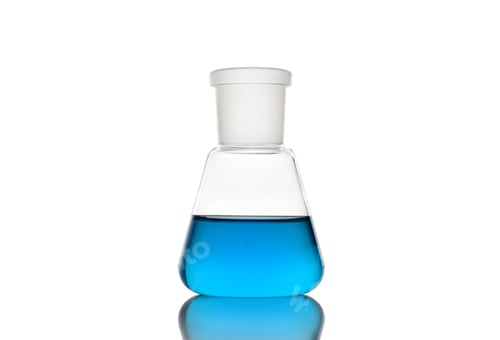 Preview: Erlenmeyer flask with blue liquid on white background