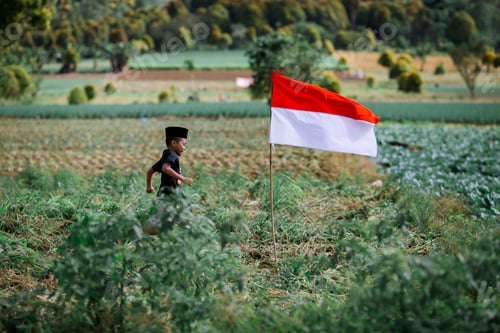 Preview: Young Child Runs in a Field with Flag