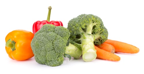 Preview: Fresh vegetables: brocolli, bell peppers, carrot, onion isolated on white background