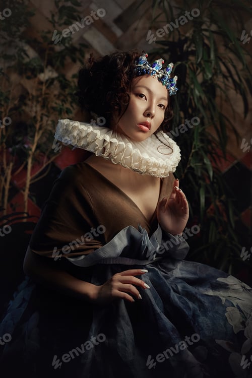 Preview: Art portrait of a girl Princess Queen in foliage and greenery, fabulous romantic image of an Asian