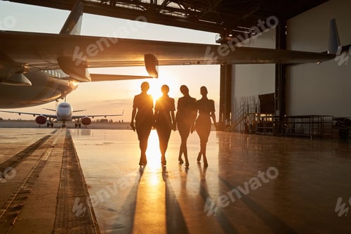 Preview: Unidentifiable stewardesses in the sunset light in hangar