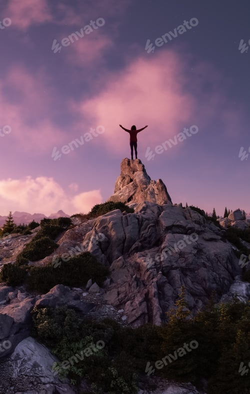 Preview: Adventure Woman Hiker high in mountains. Landscape in Background. Sunset.