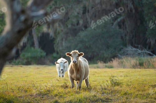 Preview: Milk cows grazing on green farm pasture on summer day.