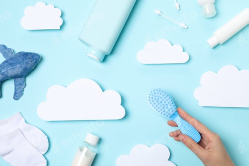 Preview: Concept of child bodycare, child cosmetic, top view