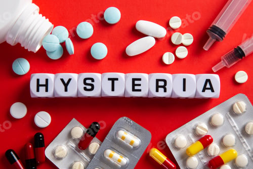 Preview: Hysteria medicine word on blocks on red background. Medical concept with pills, vitamins and syringe
