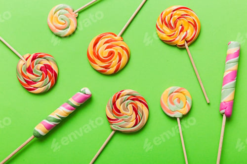Preview: Set of colorful lollipops on colored background. Summer concept. Party Happy Birthday