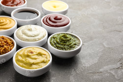 Preview: Many different sauces in bowls on grey table, closeup. Space for text
