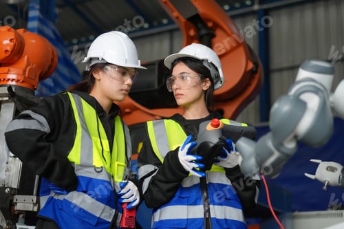 Preview: Female Engineer check and control automation robot arms machine in factory. robotics manufacturing.