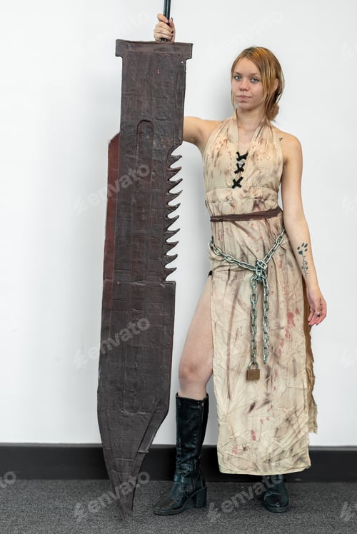 Preview: Female cosplayer in a horror outfit posing with a large blade sword on a white background