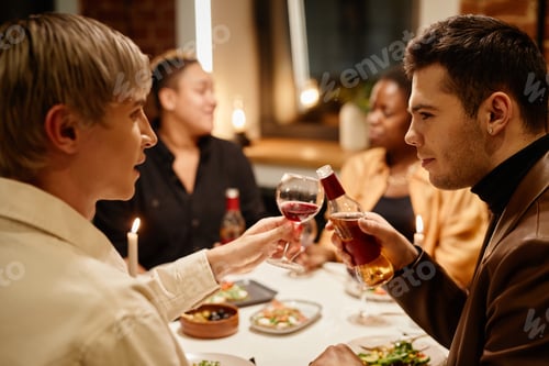 Preview: Happy young homosexual couple clinking with alcoholic drinks by dinner table