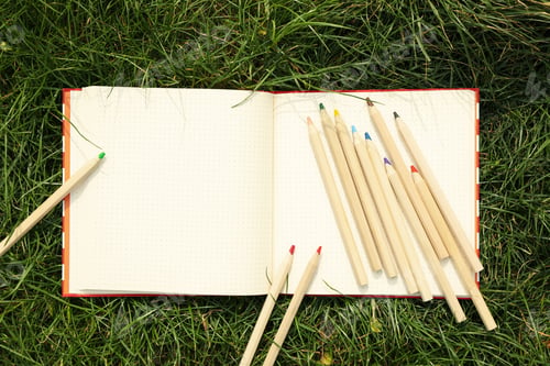 Preview: Copybook and colored pencils on green grass. Creativity