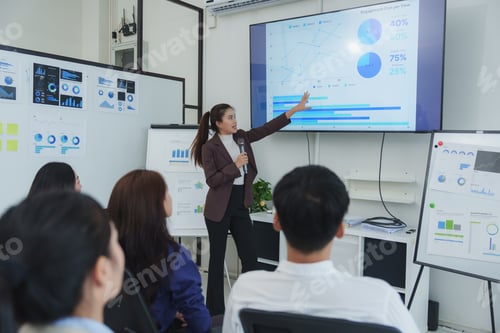Preview: Businesswoman presenting data analysis in office meeting