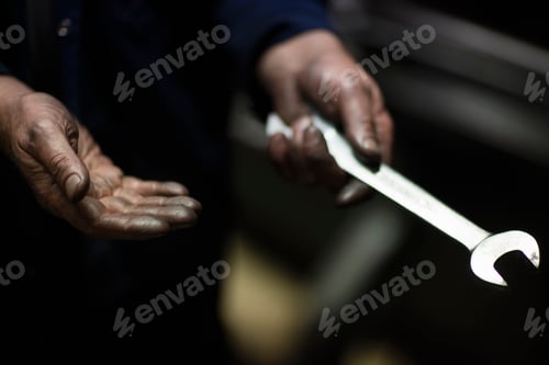 Preview: Oily hands of male weaver fixing old weaving machine in textile mill