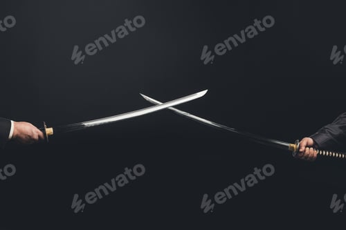 Preview: cropped shot of samurai with crossed swords isolated on black