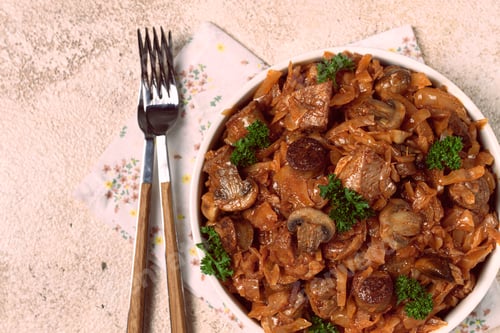 Preview: Bigos, bigus is a national Polish dish, made of cabbage and meat, stewed, homemade, no people,