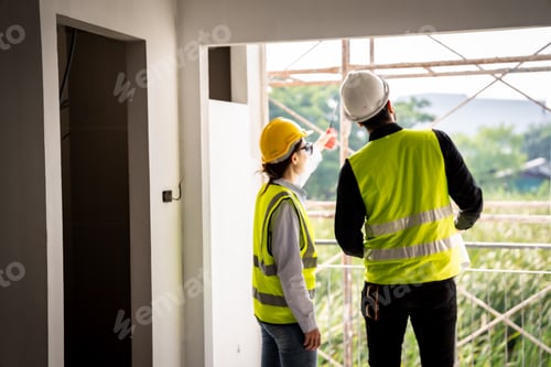 Preview: Engineer inspect building structure technicians looking at analyzing unfinished construction project