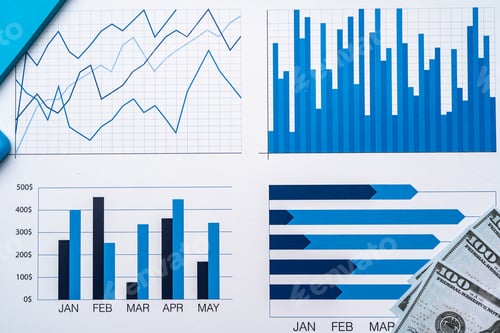 Preview: Financial paper with charts and diagrams on gray table
