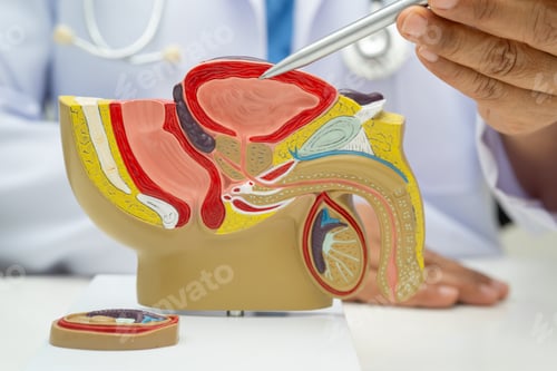 Preview: Male reproductive system, Asian doctor holding human anatomy