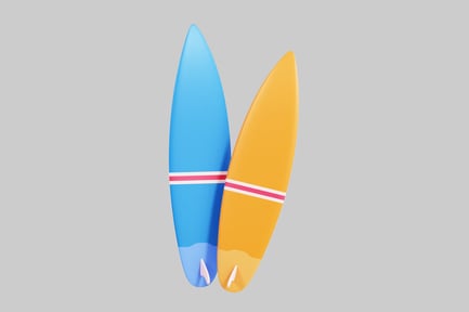 Two upright surfboards (blue, yellow)