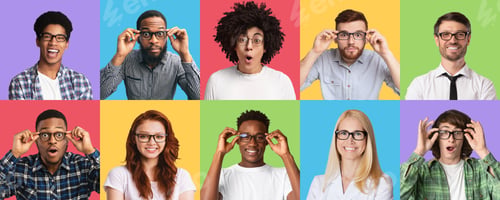 Preview: Diverse people in specs expressing positive emotions