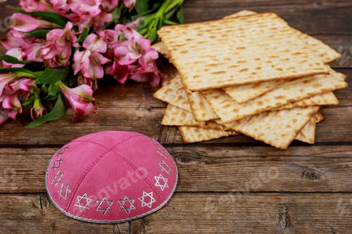 Preview: Jewish matzah bread with kippah and flowers on wooden rustic background. Passover holiday concept.
